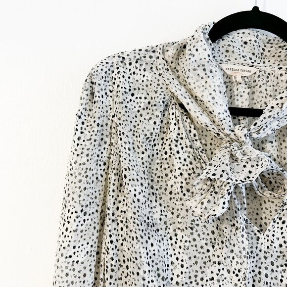 REBECCA TAYLOR Silk Tie Neck Snow Leopard Print Long Sleeve Blouse SZ12 - Picture 3 of 13